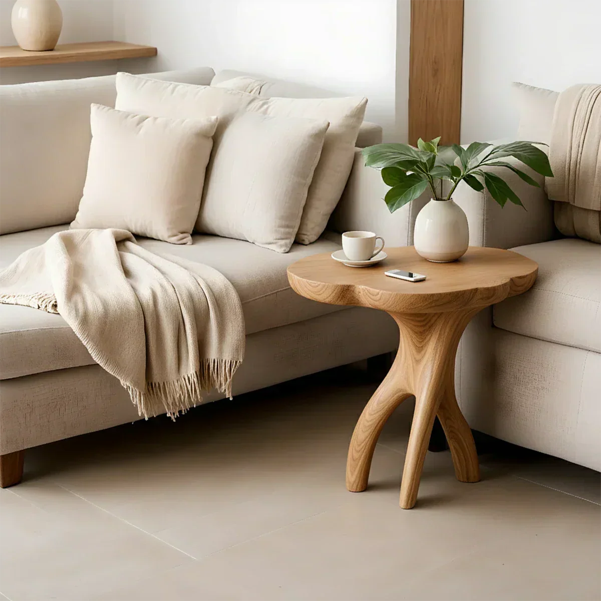Solid Wood Accent Table – Modern Sculptural Tri-Branch Design - Rustiracraft 