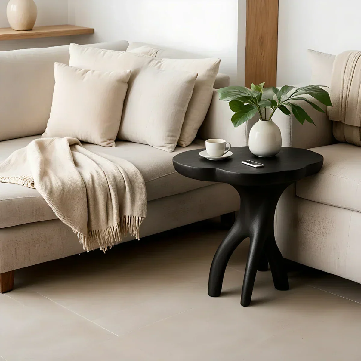 Solid Wood Accent Table – Modern Sculptural Tri-Branch Design - Rustiracraft 