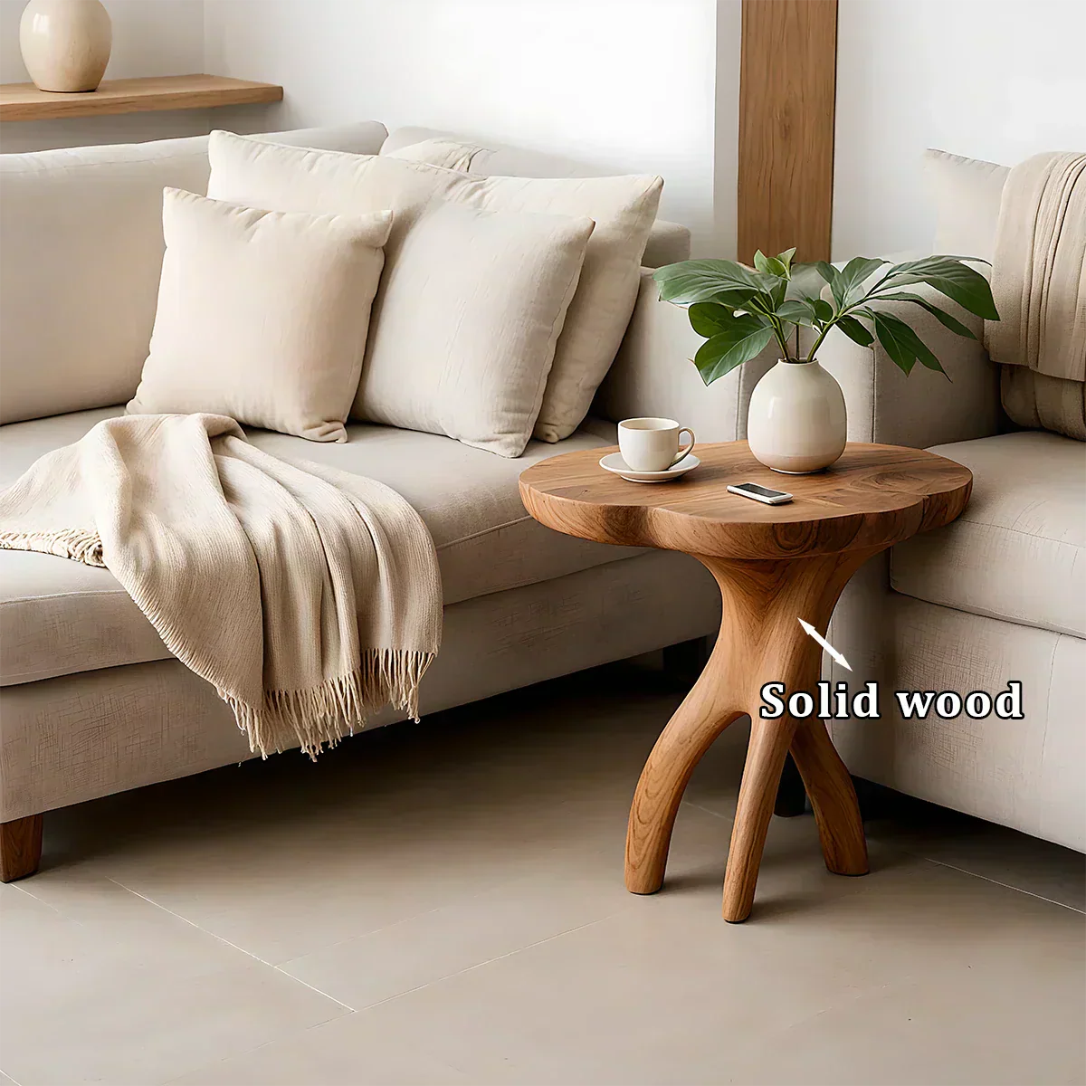 Solid Wood Accent Table – Modern Sculptural Tri-Branch Design - Rustiracraft