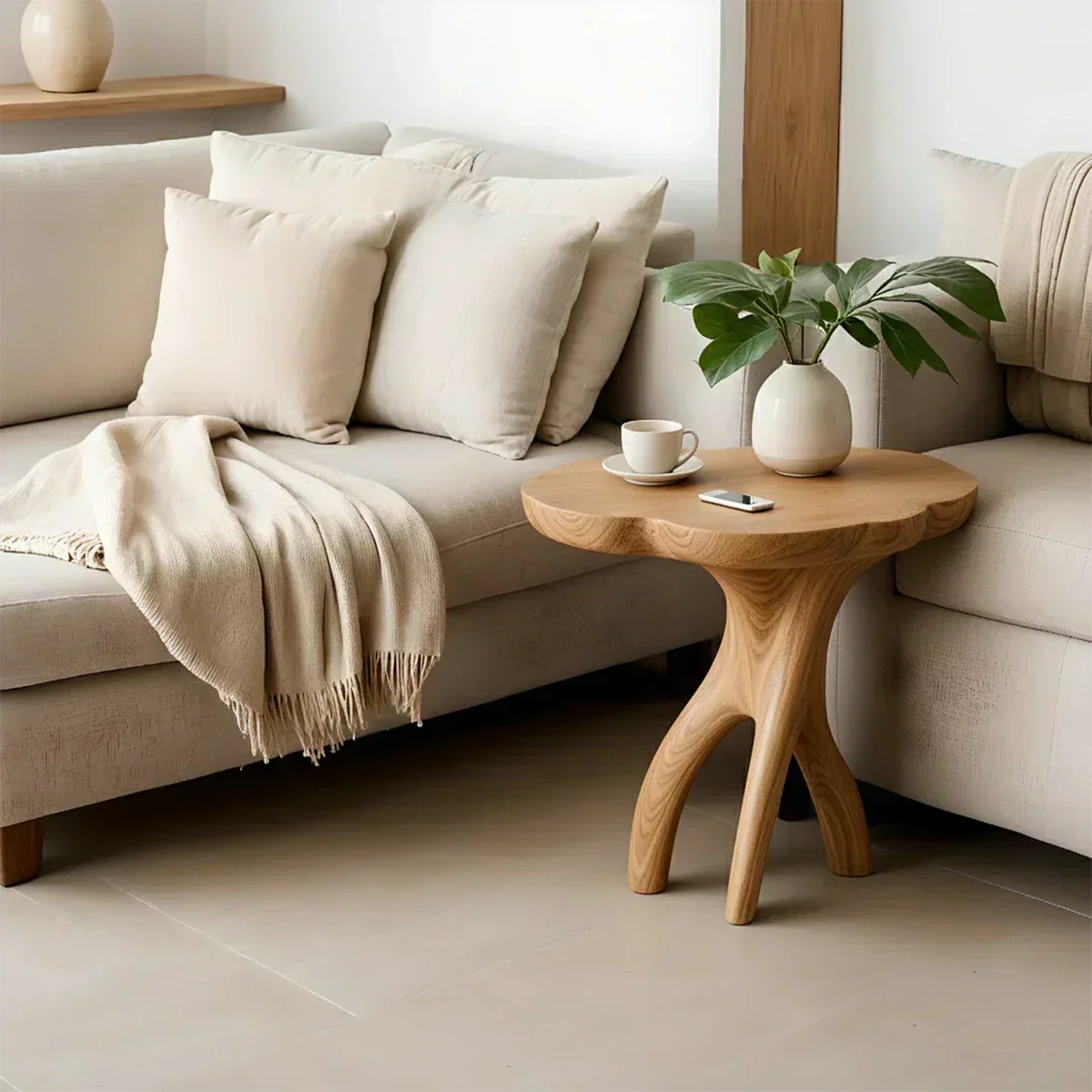 Solid Wood Accent Table – Modern Sculptural Tri-Branch Design - Rustiracraft