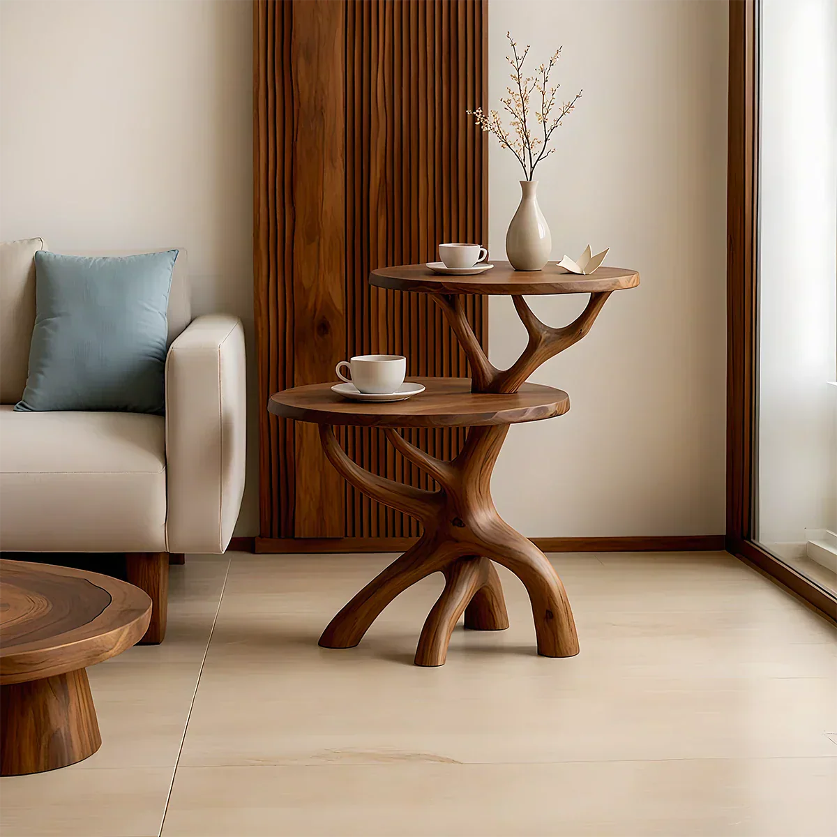 Solid Wood Accent Table Set – Modern Sculptural Branchform Design - Rustiracraft 