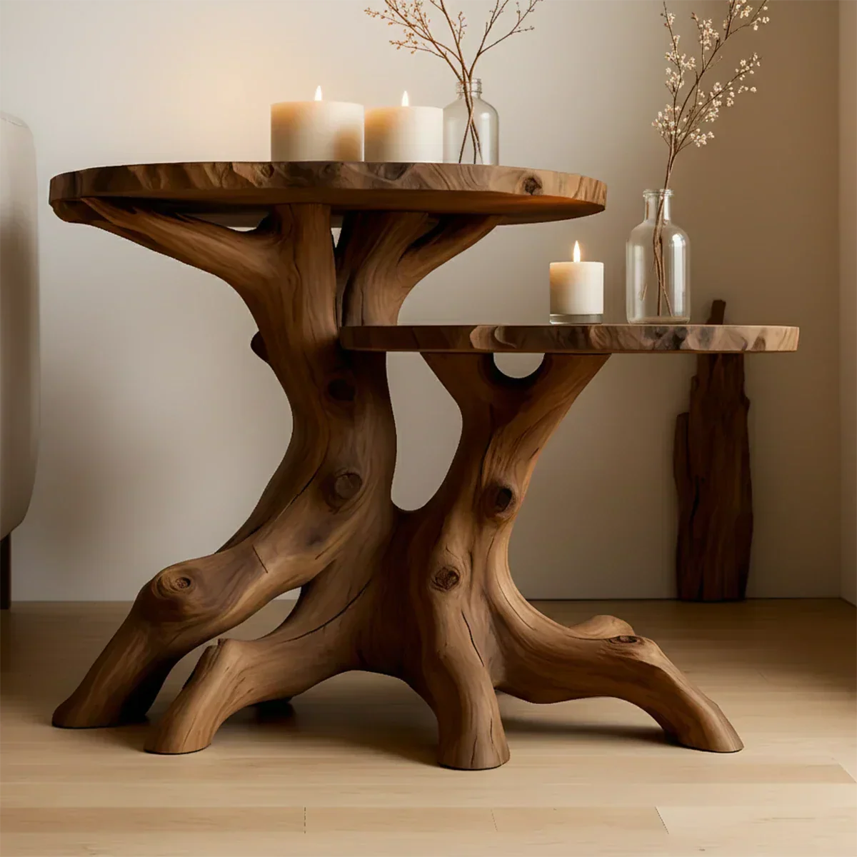 Solid Wood Accent Table Set – Modern Sculptural Rooted Branchform Design - Rustiracraft 