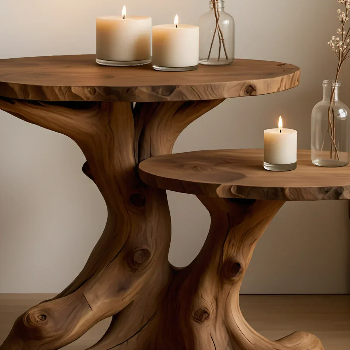 Solid Wood Accent Table Set – Modern Sculptural Rooted Branchform Design - Rustiracraft 