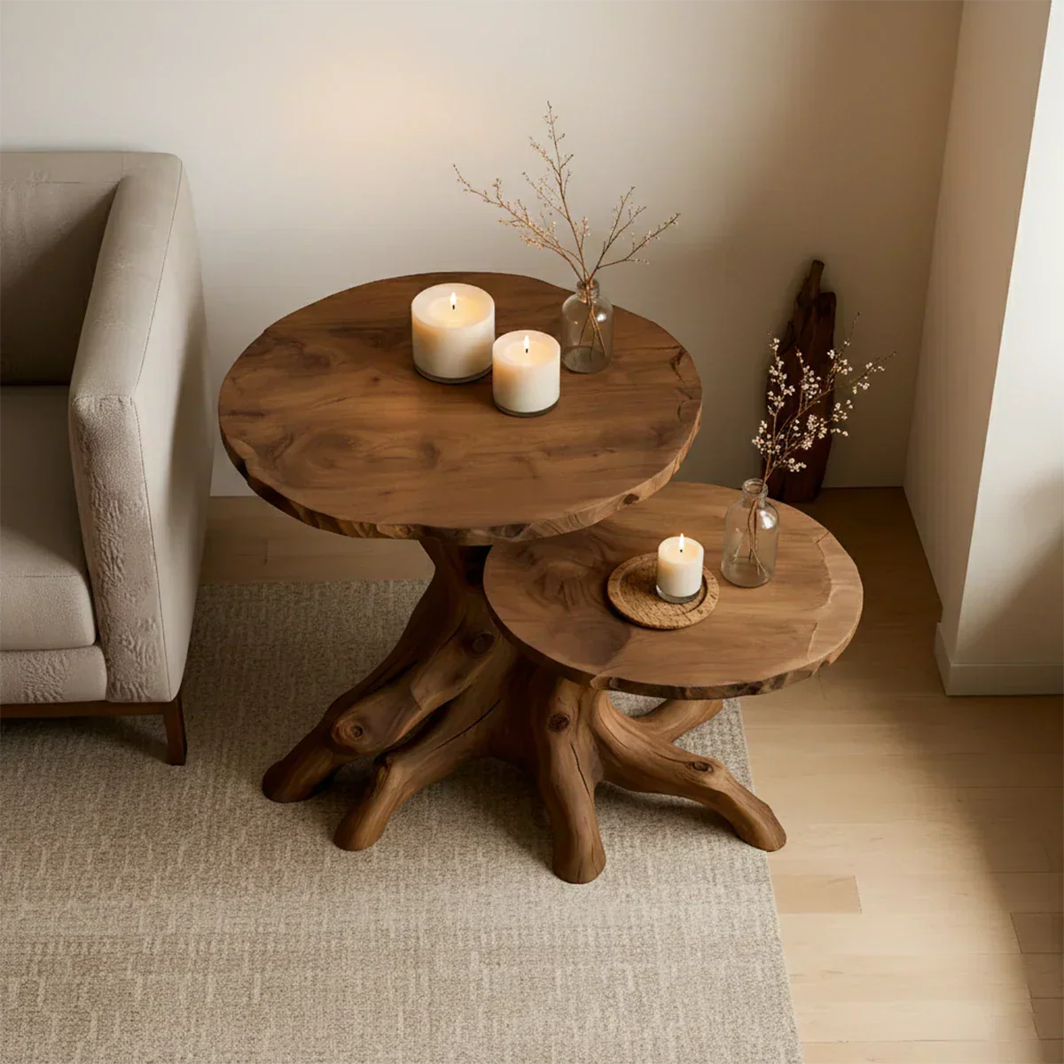 Solid Wood Accent Table Set – Modern Sculptural Rooted Branchform Design - Rustiracraft 