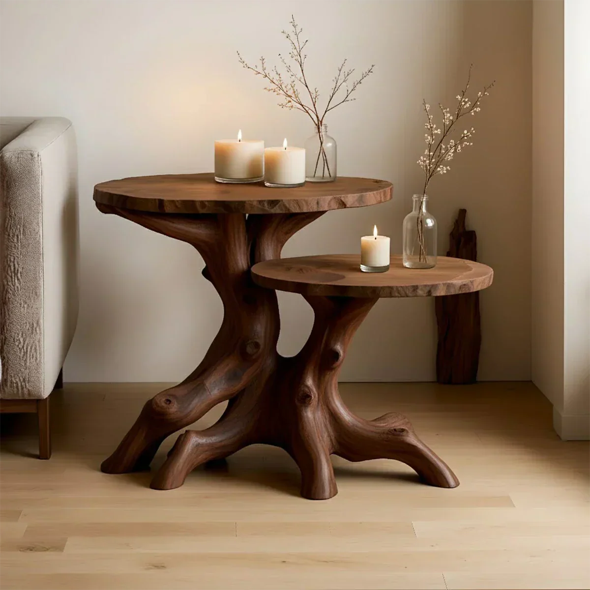 Solid Wood Accent Table Set – Modern Sculptural Rooted Branchform Design - Rustiracraft 