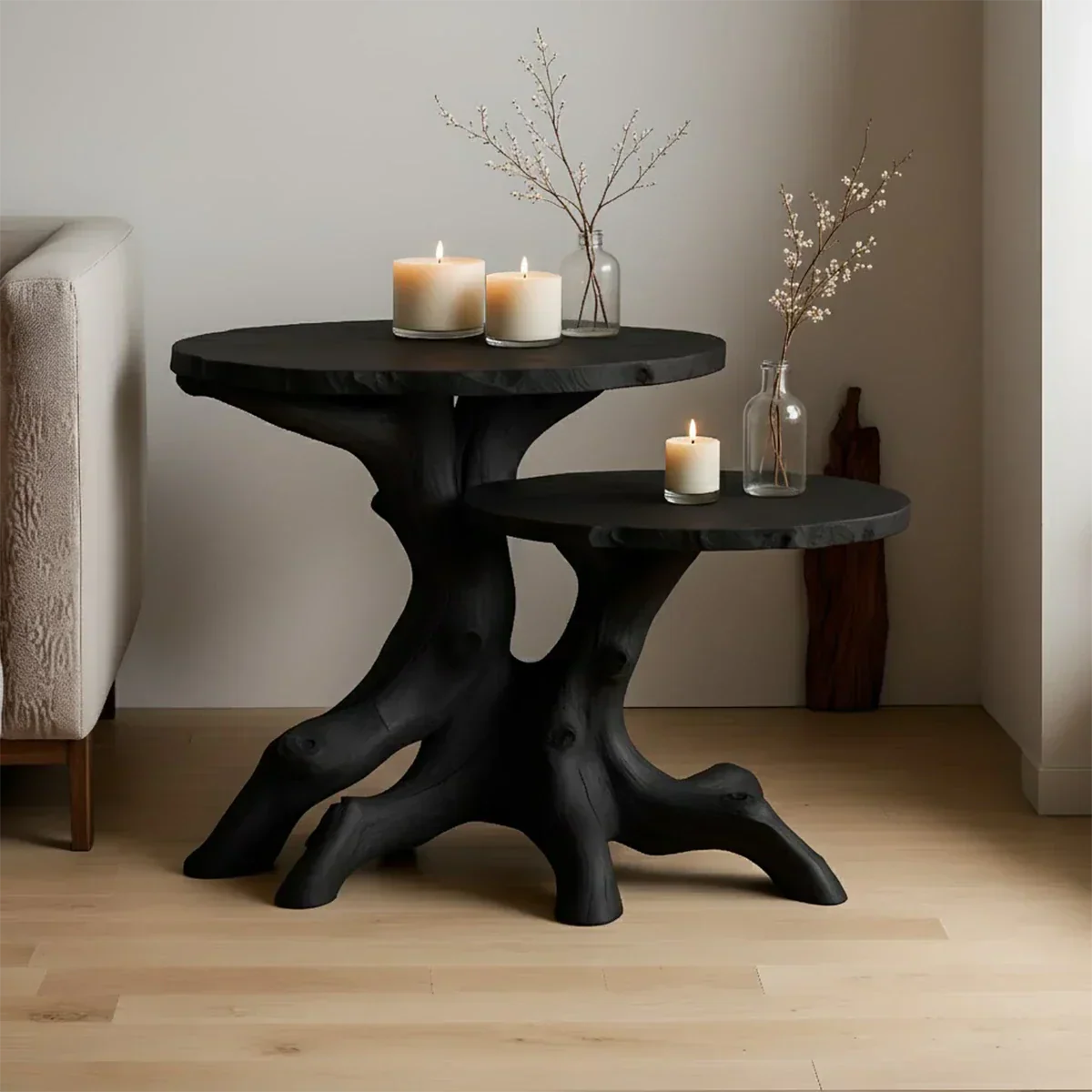 Solid Wood Accent Table Set – Modern Sculptural Rooted Branchform Design - Rustiracraft 