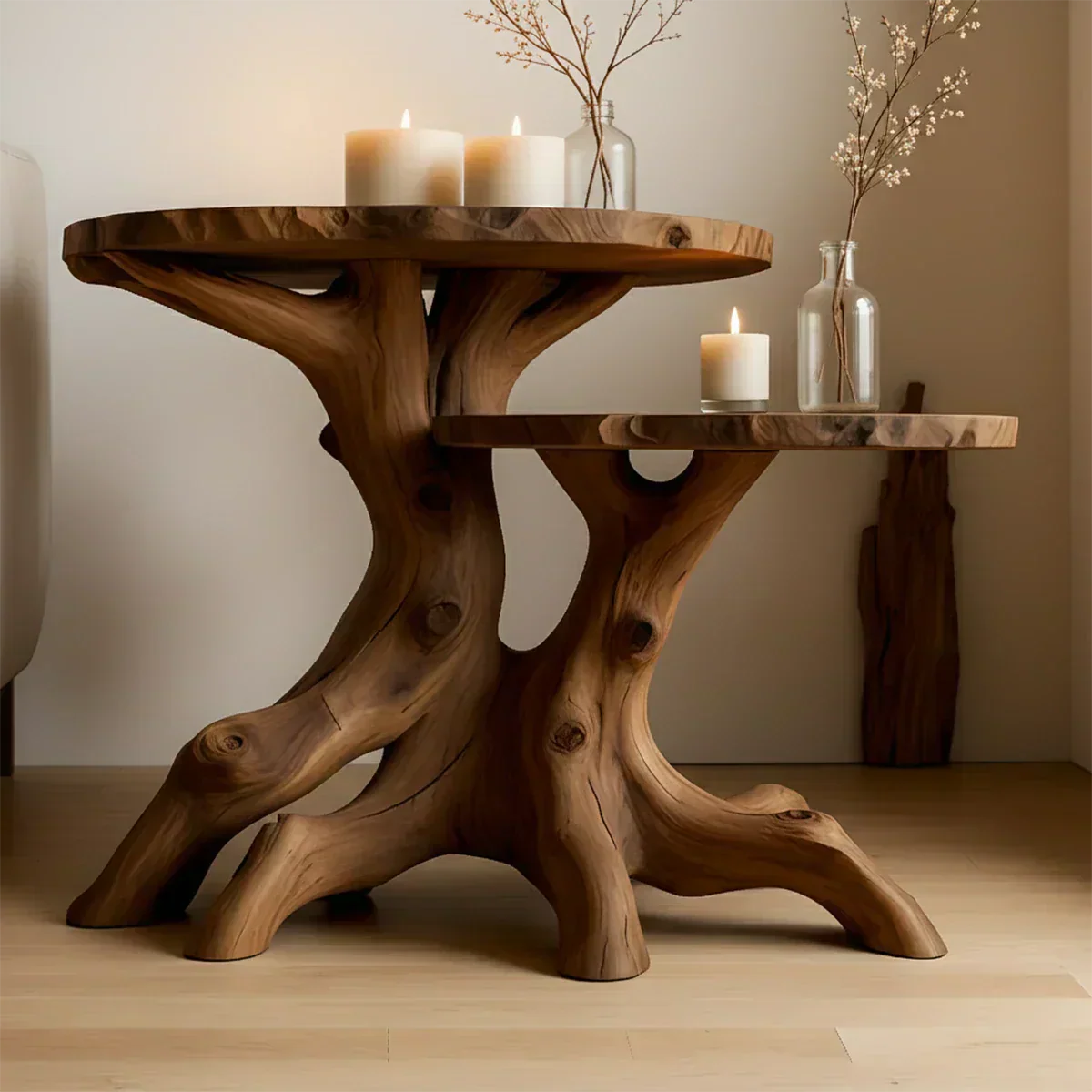 Solid Wood Accent Table Set – Modern Sculptural Rooted Branchform Design - Rustiracraft