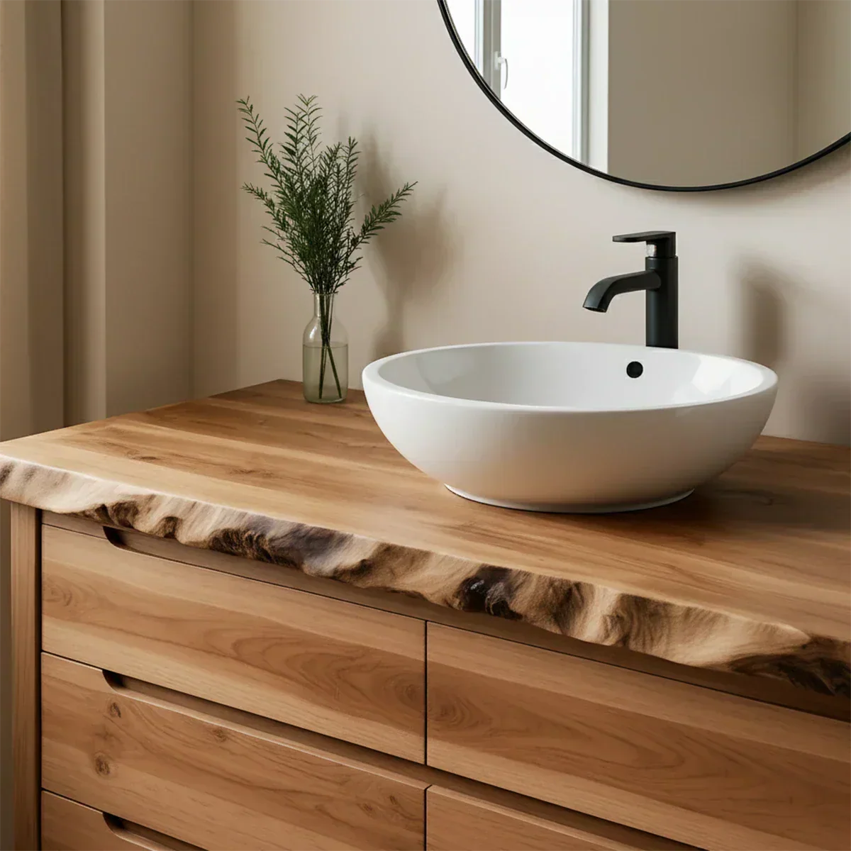 Solid Wood Bathroom Vanity with Live-Edge Countertop - Rustiracraft 