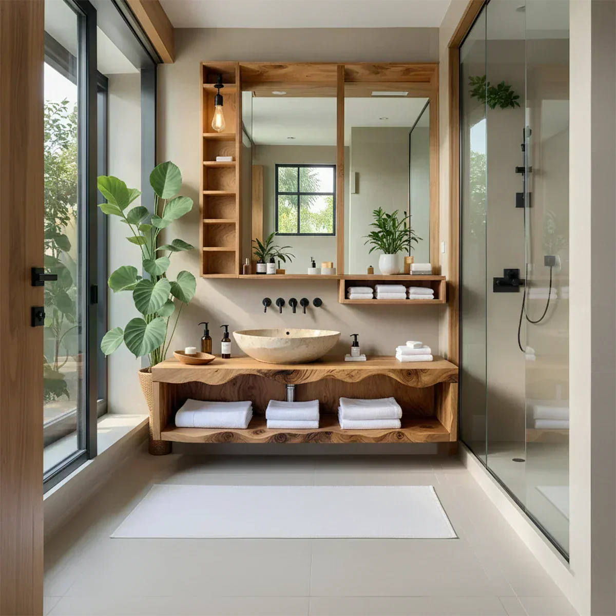 Solid Wood Bathroom Vanity with Open Shelves – Japandi Spa Console - Rustiracraft 