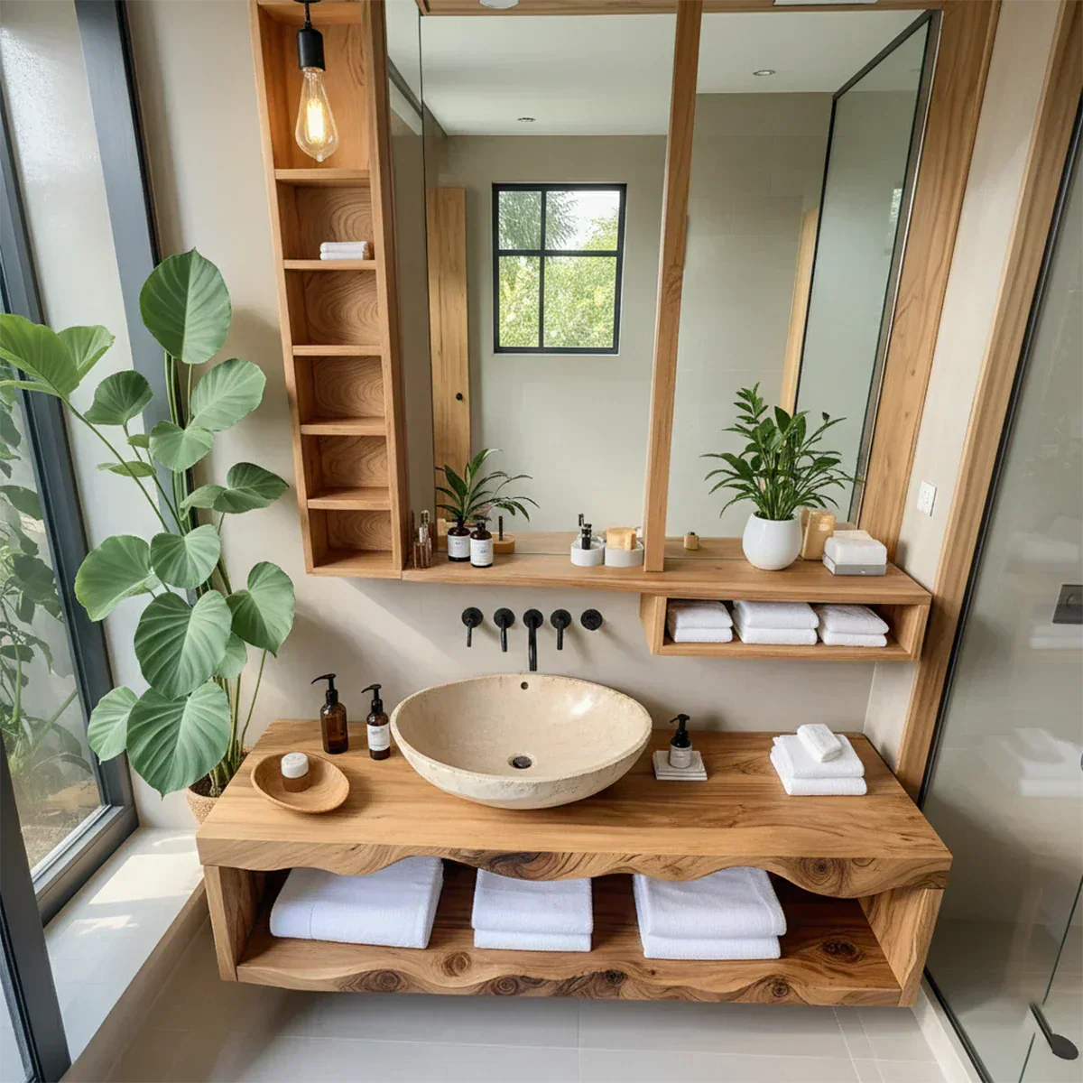 Solid Wood Bathroom Vanity with Open Shelves – Japandi Spa Console - Rustiracraft 