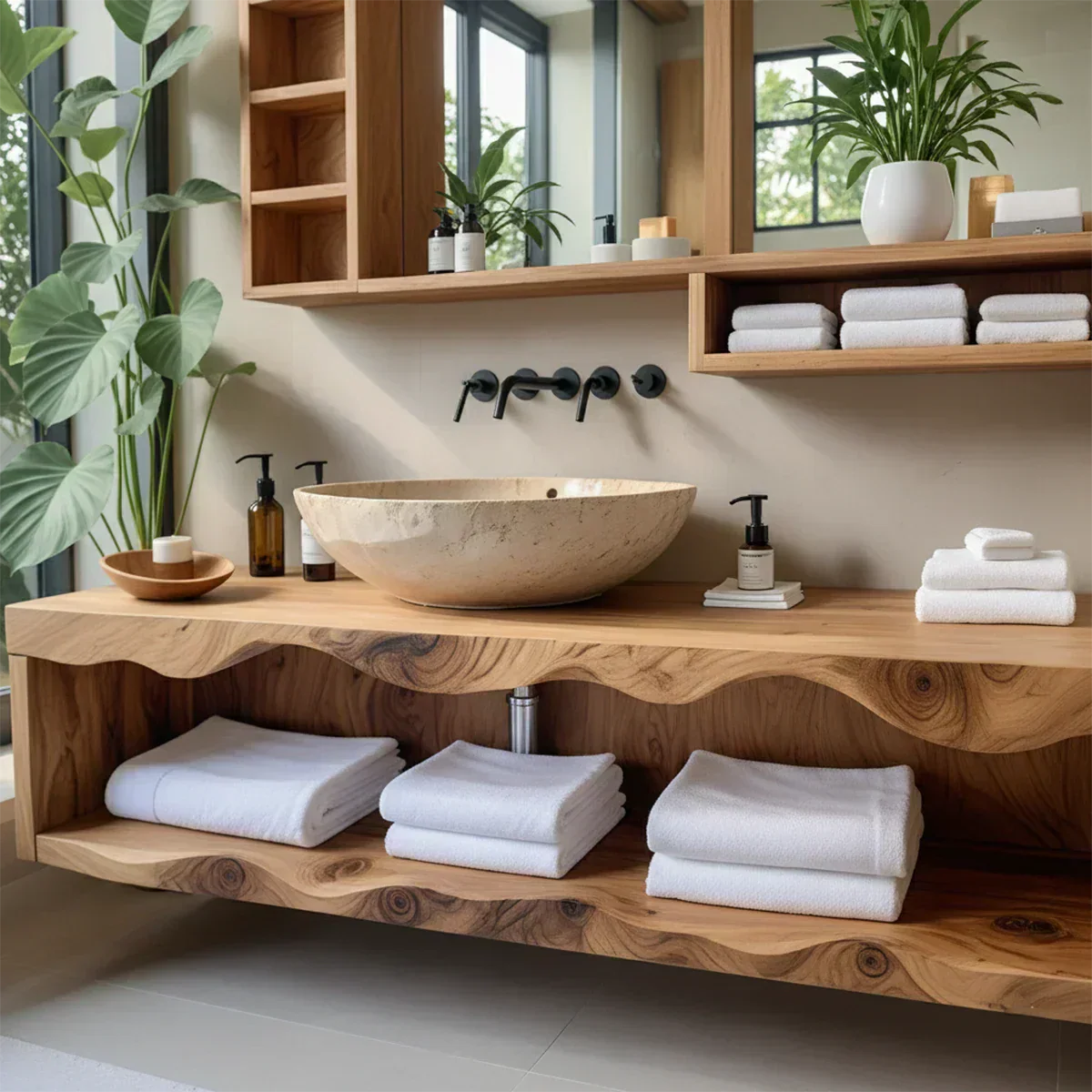 Solid Wood Bathroom Vanity with Open Shelves – Japandi Spa Console - Rustiracraft 