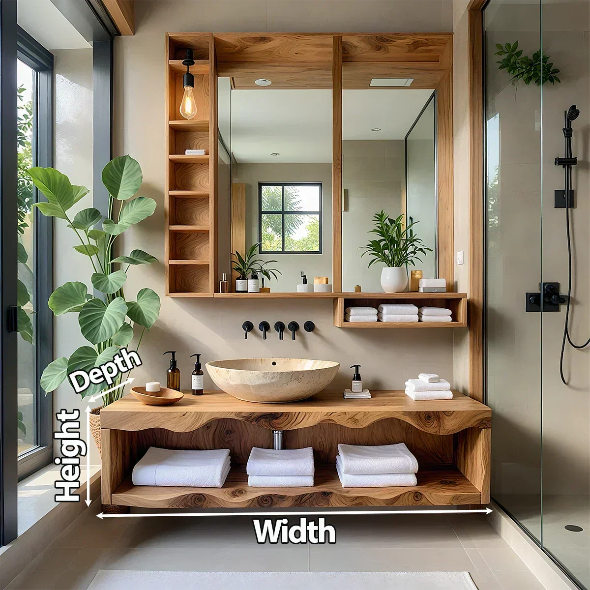 Solid Wood Bathroom Vanity with Open Shelves – Japandi Spa Console - Rustiracraft 