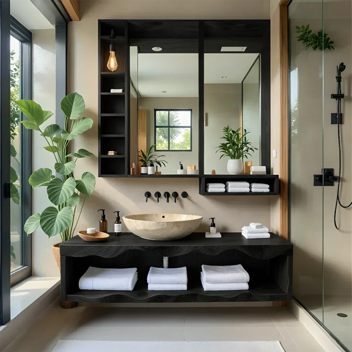 Solid Wood Bathroom Vanity with Open Shelves – Japandi Spa Console - Rustiracraft 