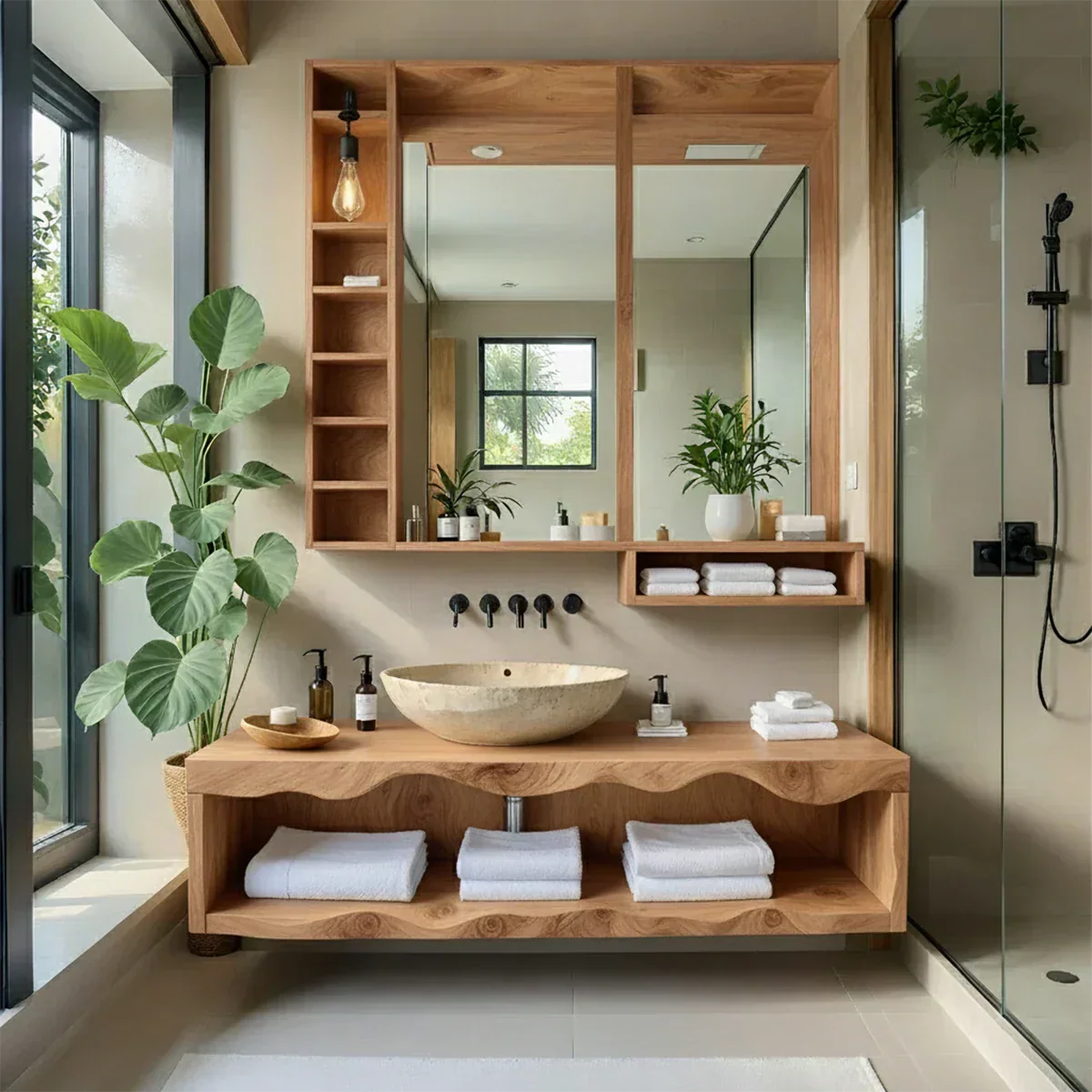 Solid Wood Bathroom Vanity with Open Shelves – Japandi Spa Console - Rustiracraft 