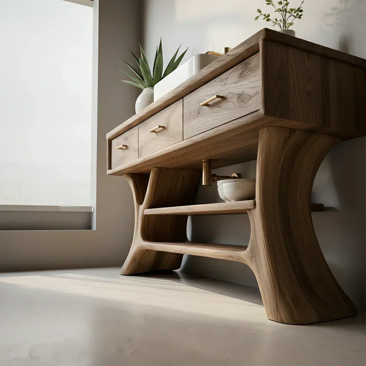 Solid Wood Bathroom Vanity with Sculpted Base & Storage Drawers - Rustiracraft 