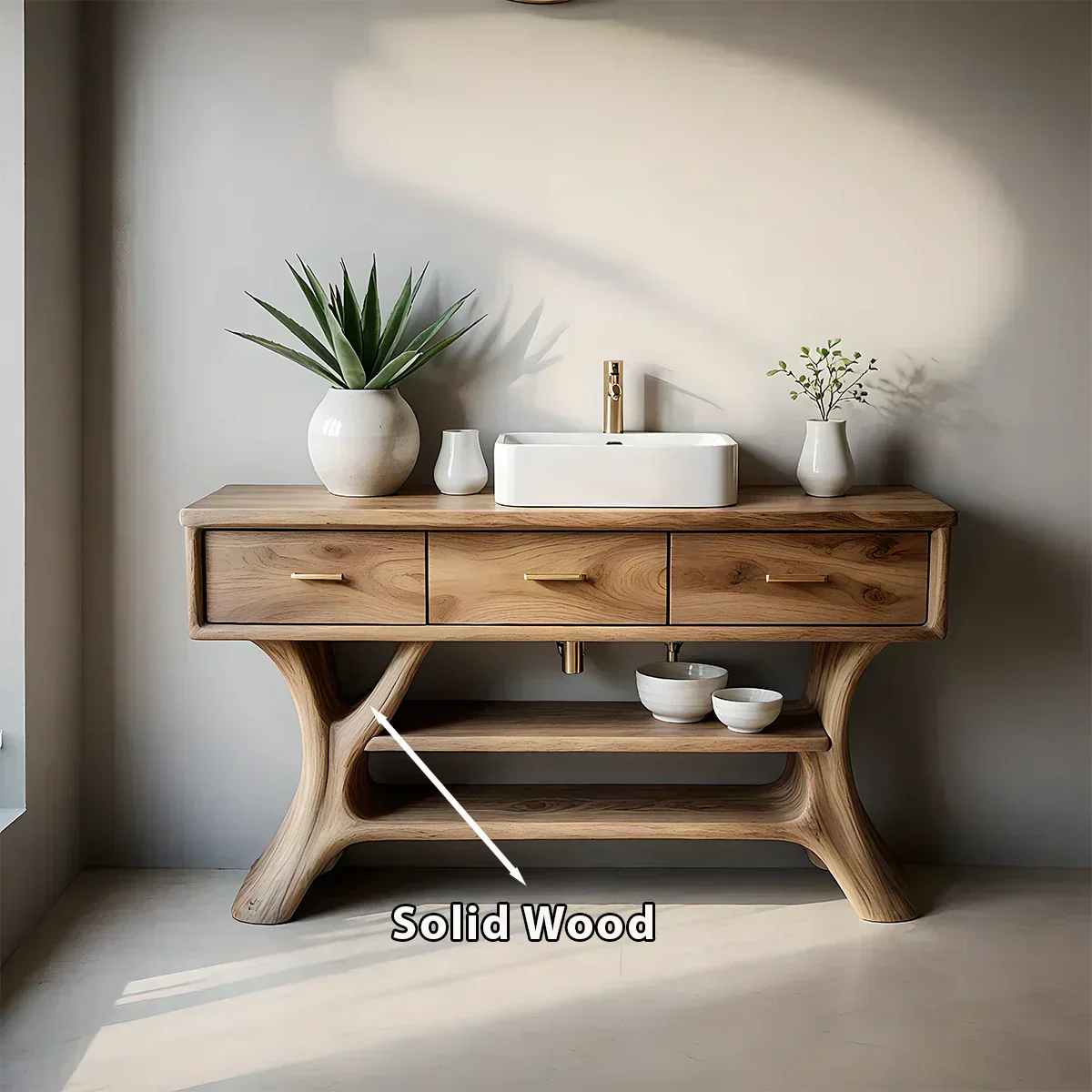 Solid Wood Bathroom Vanity with Sculpted Base & Storage Drawers - Rustiracraft 