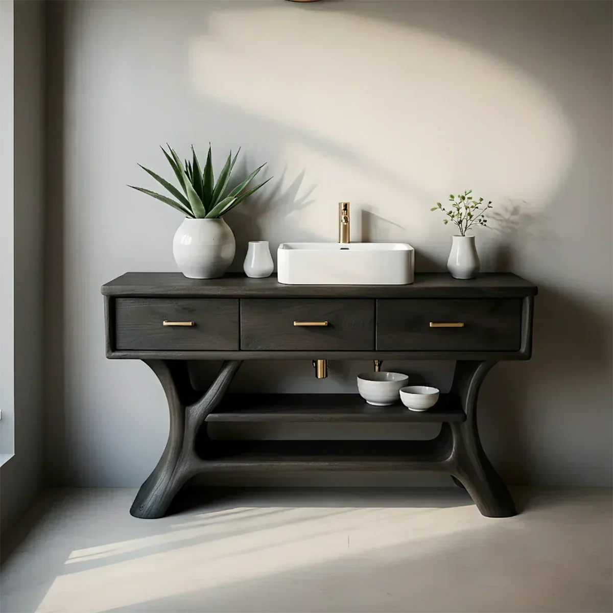 Solid Wood Bathroom Vanity with Sculpted Base & Storage Drawers - Rustiracraft 