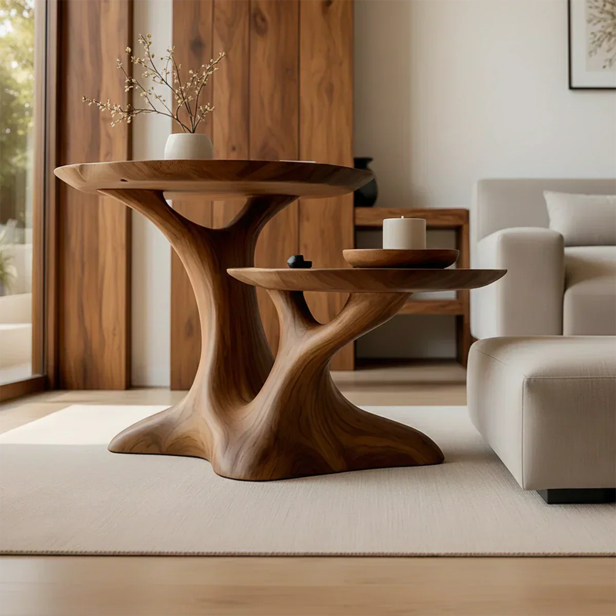 Solid Wood Center Table Set – Modern Sculptural Rooted Branchform Design - Rustiracraft 