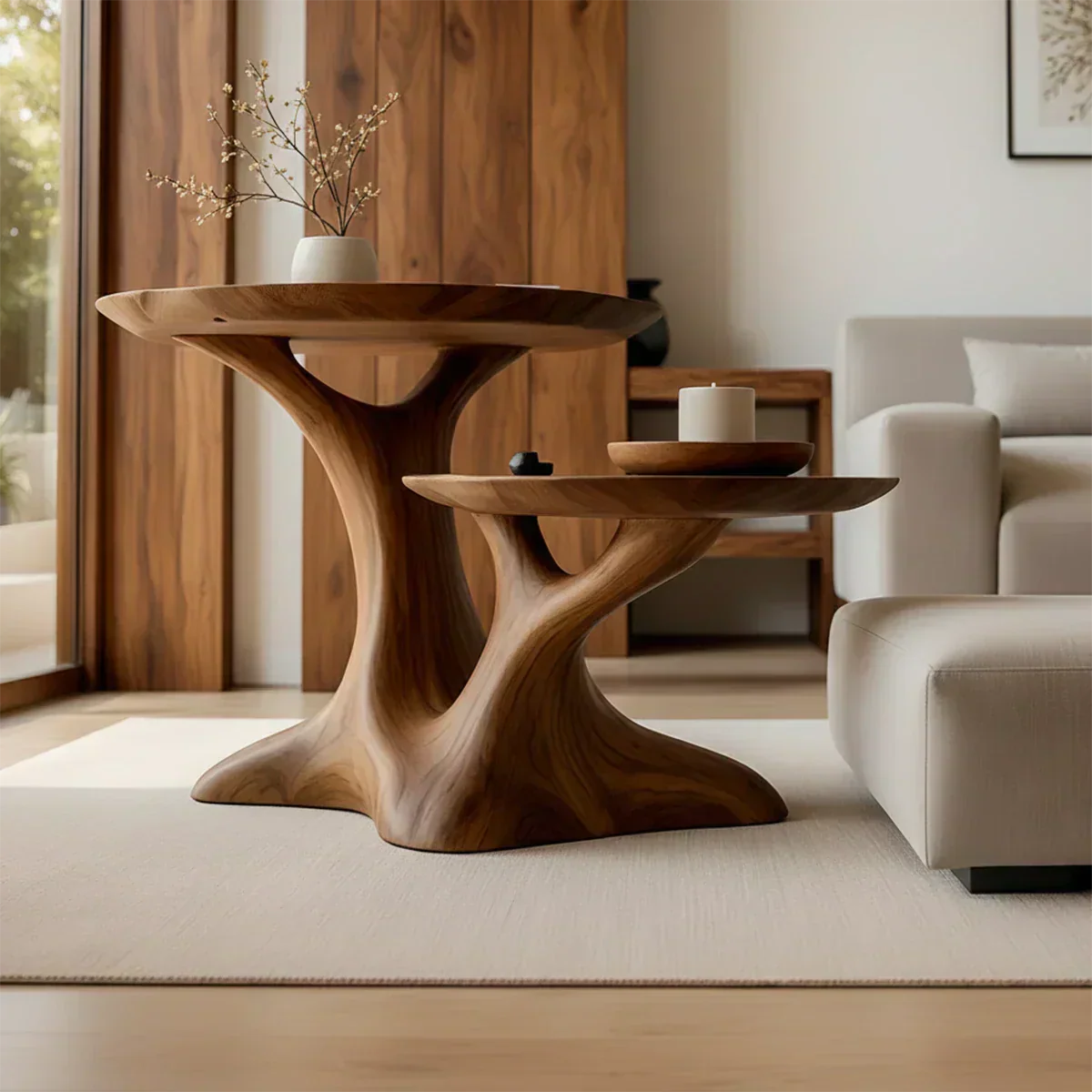 Solid Wood Center Table Set – Modern Sculptural Rooted Branchform Design - Rustiracraft