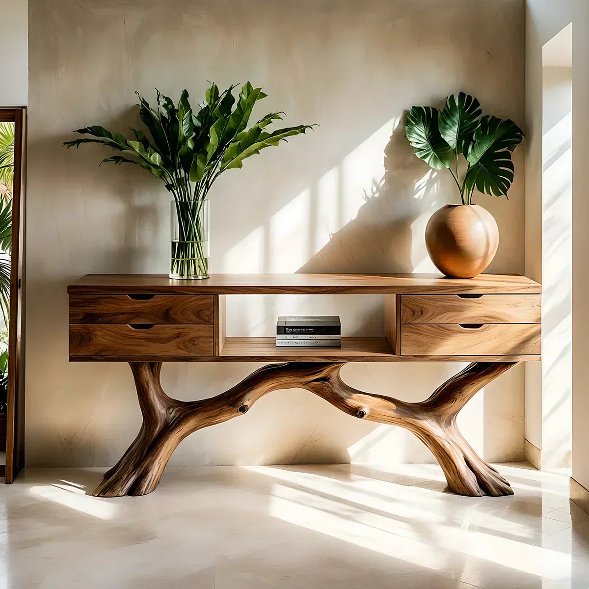 Solid Wood Console Table with Branch-Form Base & Storage Drawers - Rustiracraft 