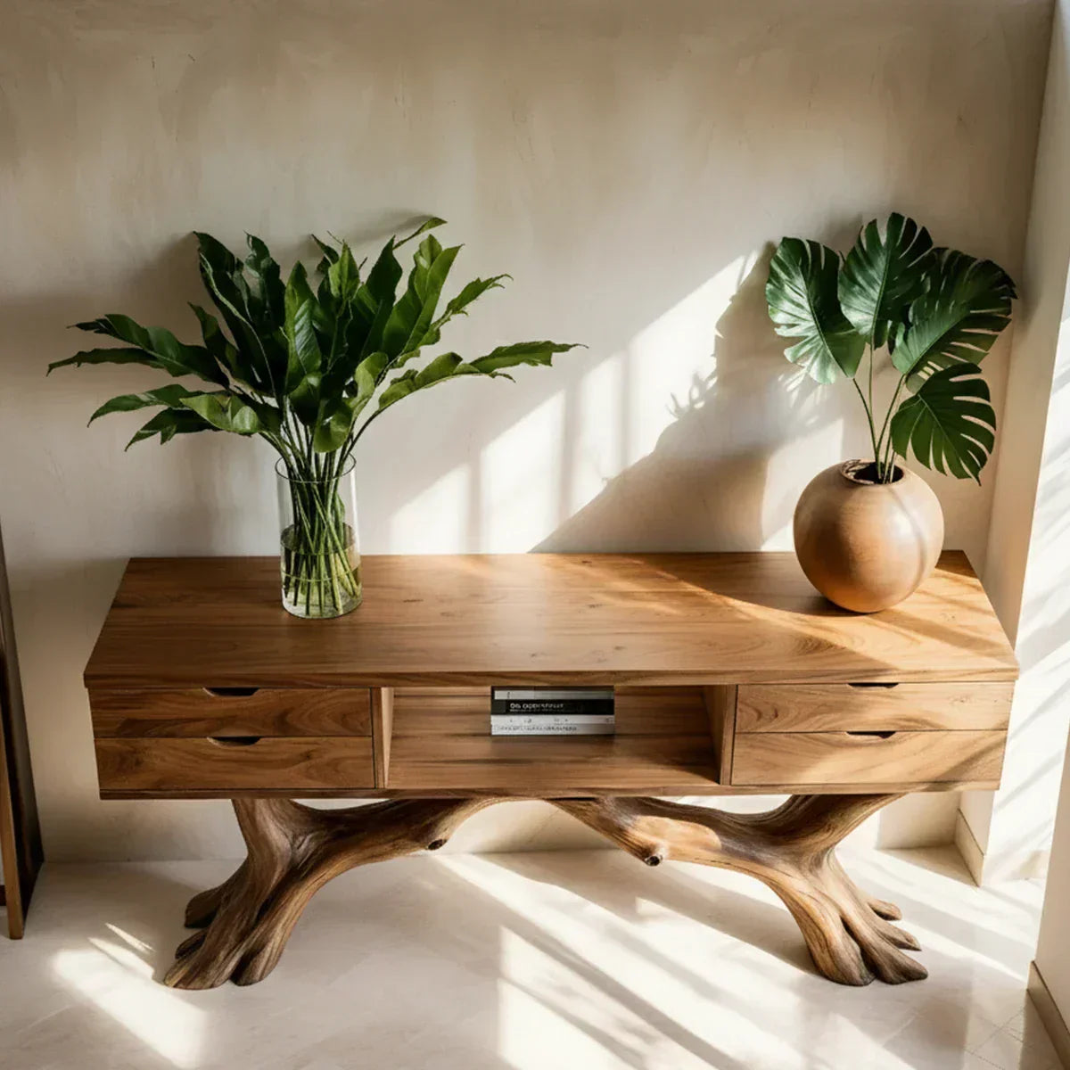 Solid Wood Console Table with Branch-Form Base & Storage Drawers - Rustiracraft 
