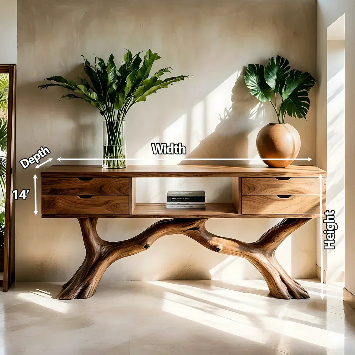 Solid Wood Console Table with Branch-Form Base & Storage Drawers - Rustiracraft 