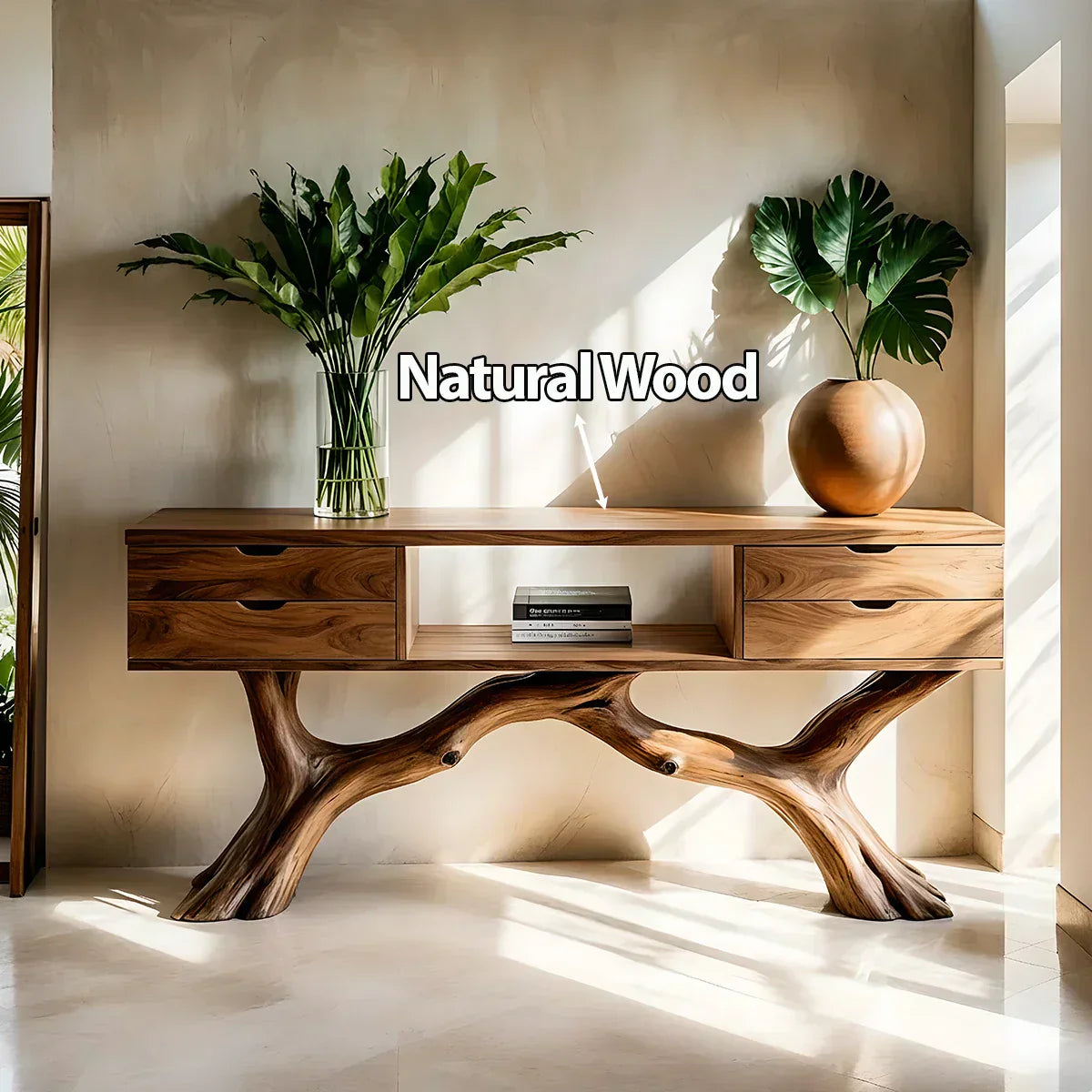 Solid Wood Console Table with Branch-Form Base & Storage Drawers - Rustiracraft 