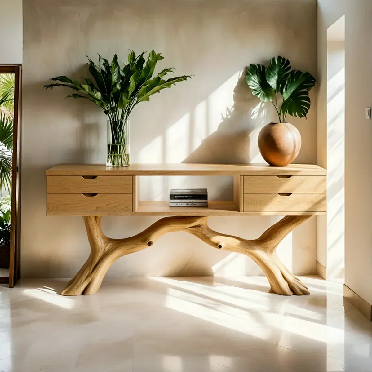 Solid Wood Console Table with Branch-Form Base & Storage Drawers - Rustiracraft 
