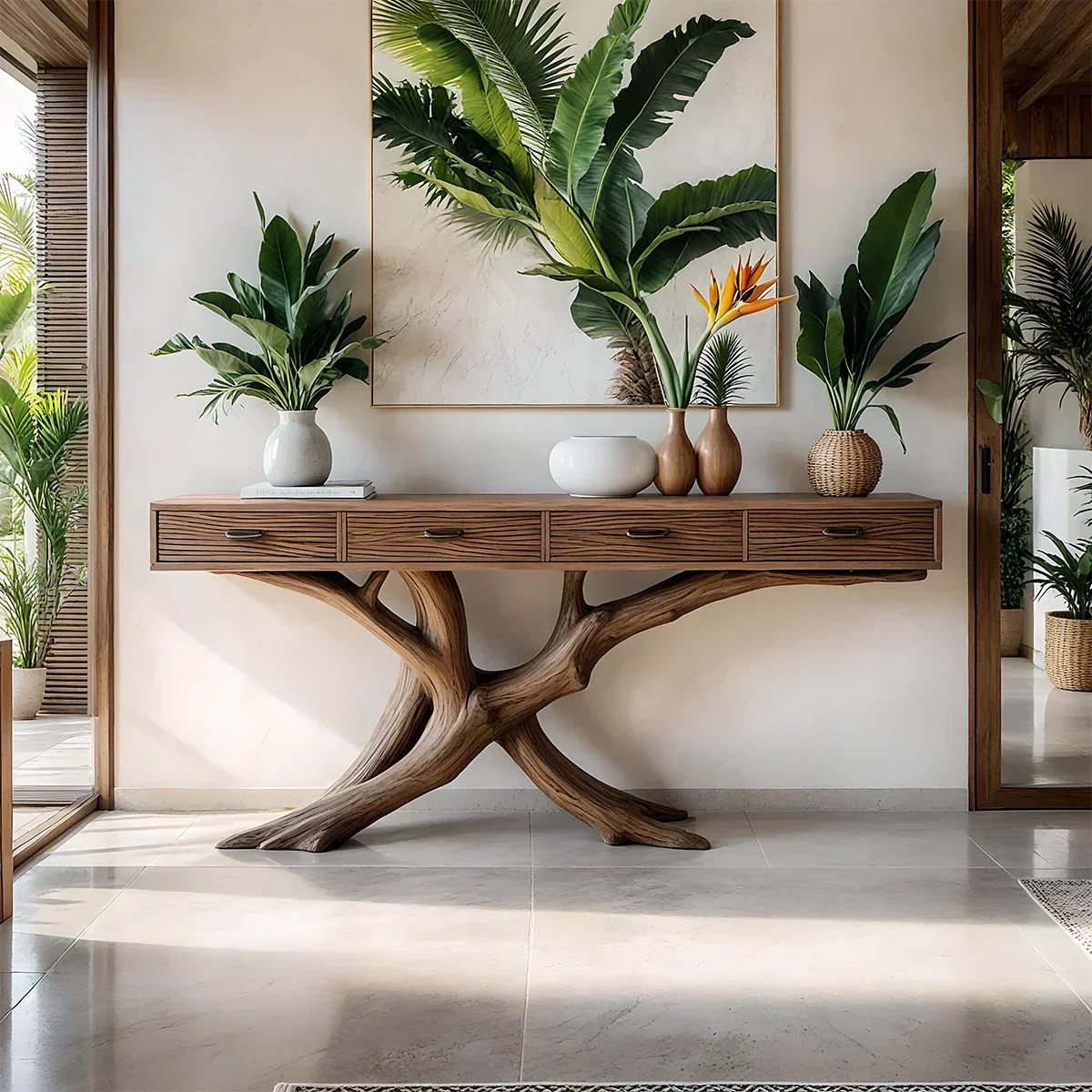 indoor plant console table Solid Wood Console Table with Sculptural Branch Base
