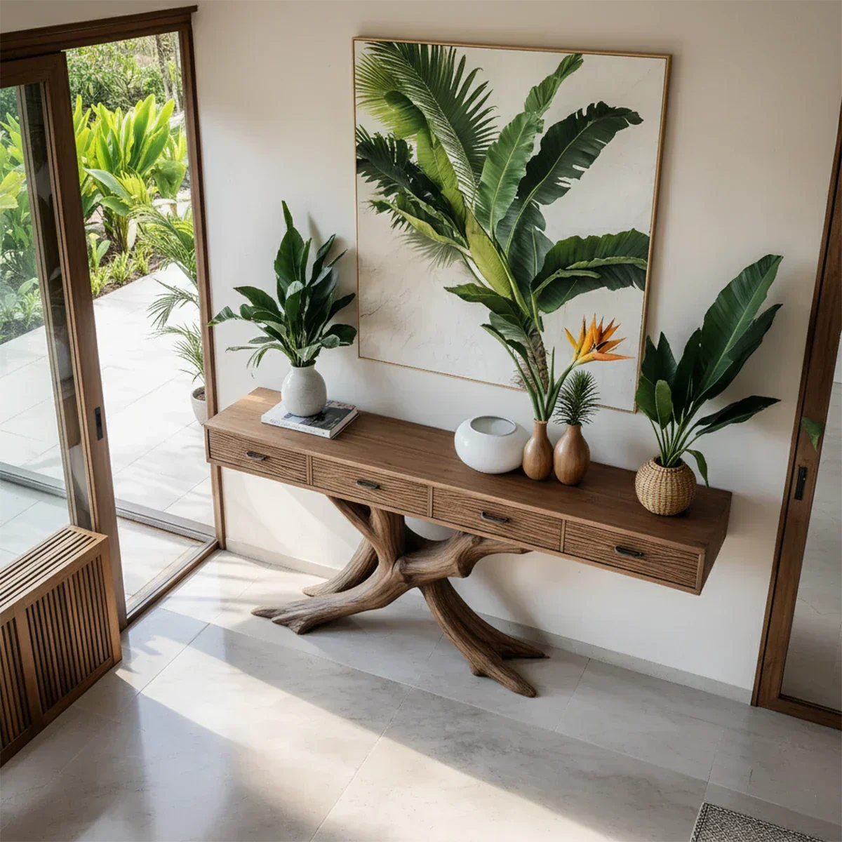 Solid Wood Console Table with Branch-Inspired Sculptural Base & Drawers - Rustiracraft 