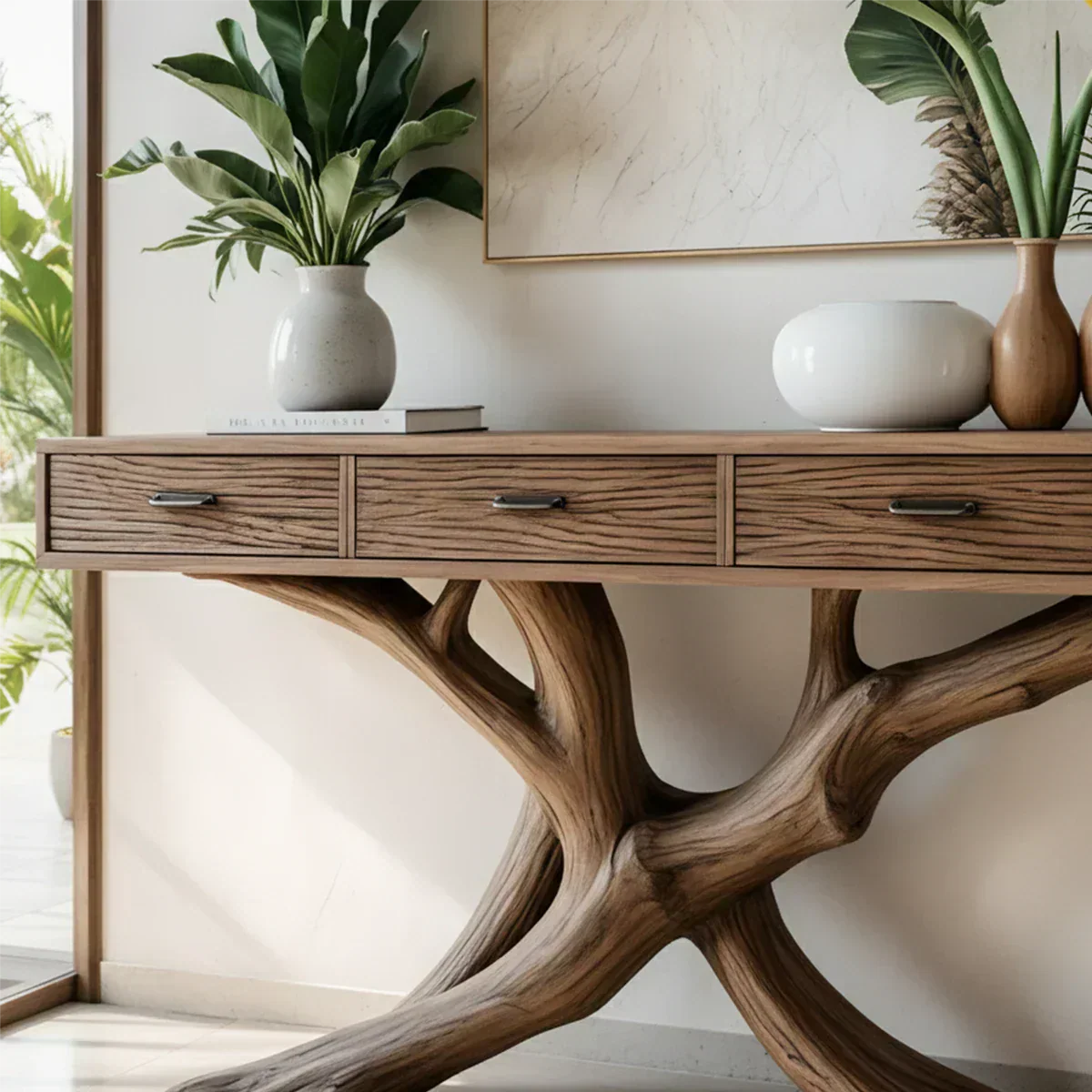 Solid Wood Console Table with Branch-Inspired Sculptural Base & Drawers - Rustiracraft 