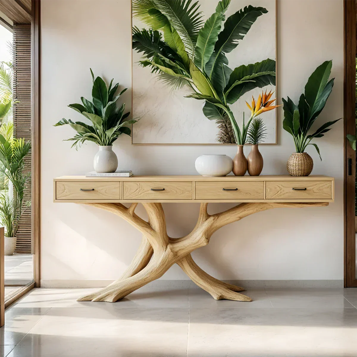 Solid Wood Console Table with Branch-Inspired Sculptural Base & Drawers - Rustiracraft 