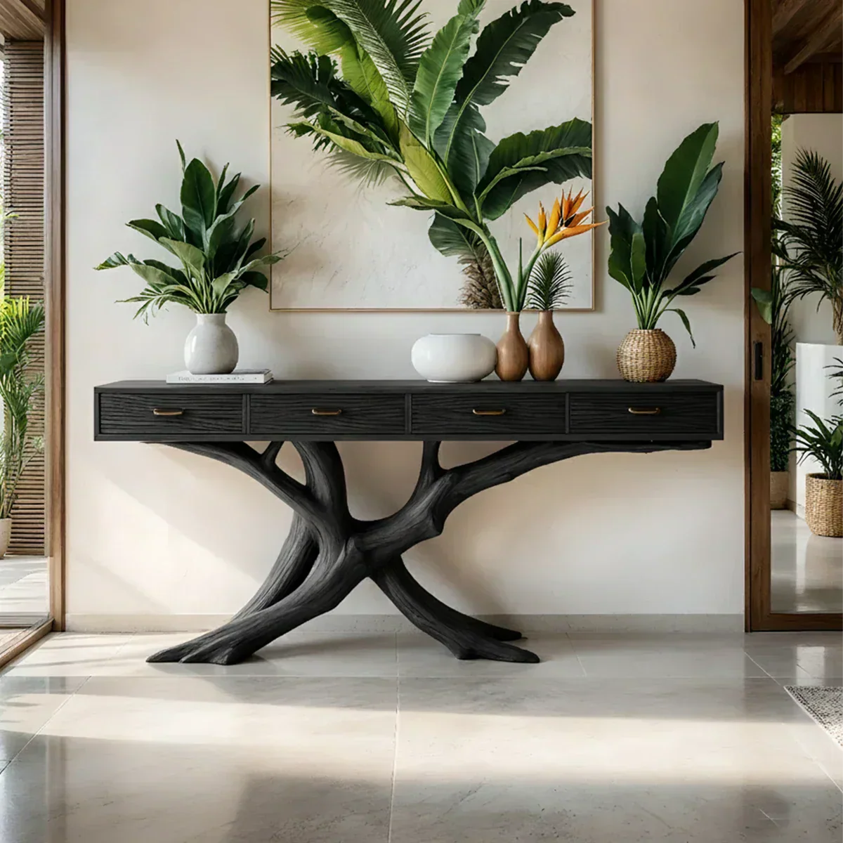 Solid Wood Console Table with Branch-Inspired Sculptural Base & Drawers - Rustiracraft 