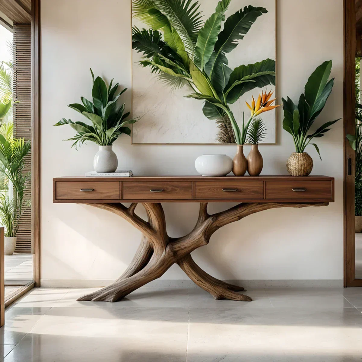 Solid Wood Console Table with Branch-Inspired Sculptural Base & Drawers - Rustiracraft 