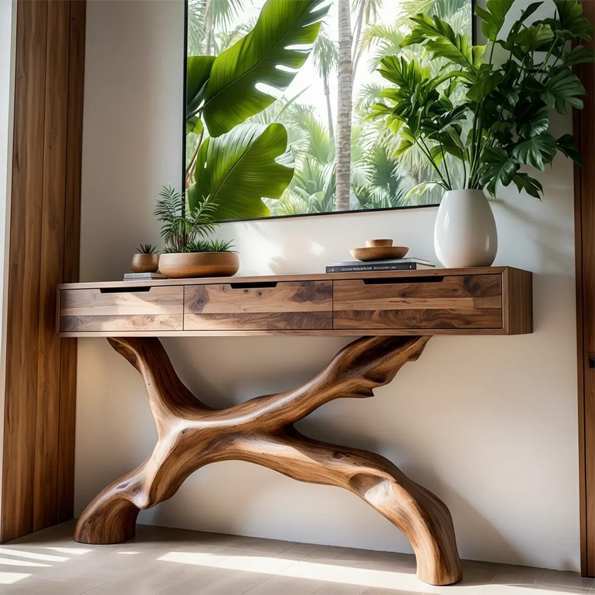 Solid Wood Console Table with Branch-Sculpted Base & Drawers - Rustiracraft 