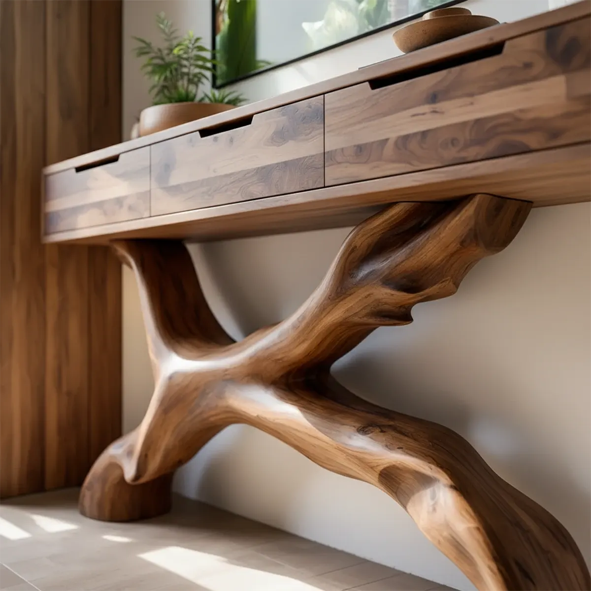 Solid Wood Console Table with Branch-Sculpted Base & Drawers - Rustiracraft 