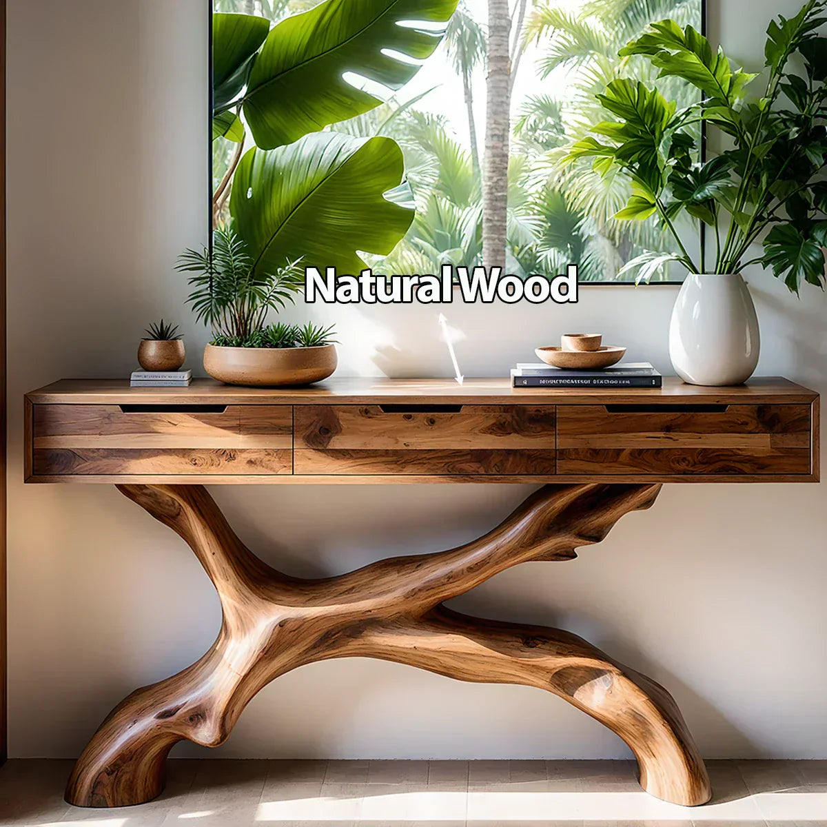 Solid Wood Console Table with Branch-Sculpted Base & Drawers - Rustiracraft 
