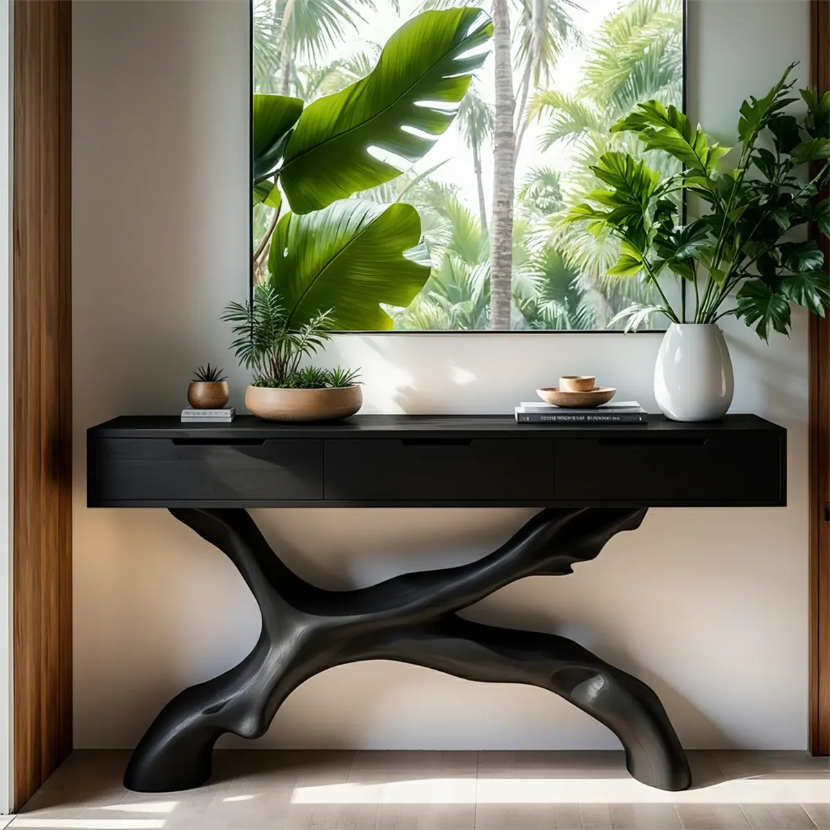 Solid Wood Console Table with Branch-Sculpted Base & Drawers - Rustiracraft 
