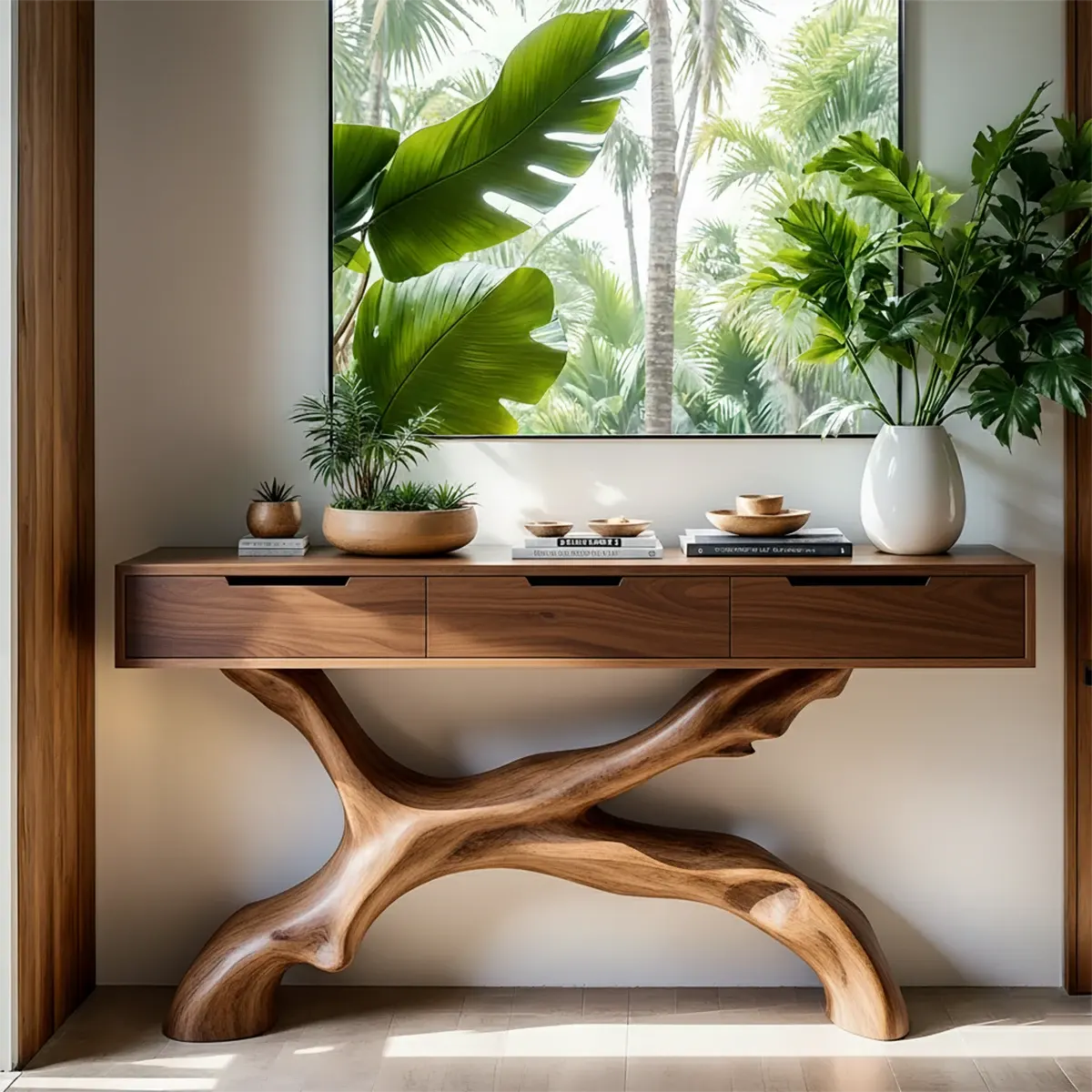 Solid Wood Console Table with Branch-Sculpted Base & Drawers - Rustiracraft 