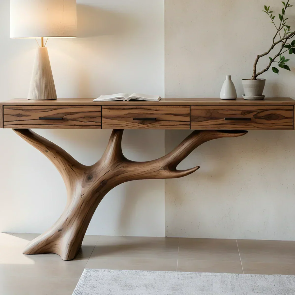 Solid Wood Console Table with Branch-Sculpted Base & Drawers - Rustiracraft 