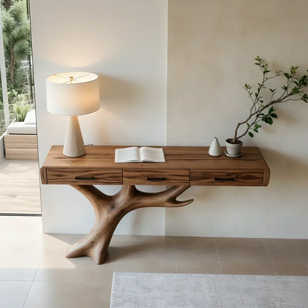 Solid Wood Console Table with Branch-Sculpted Base & Drawers - Rustiracraft 
