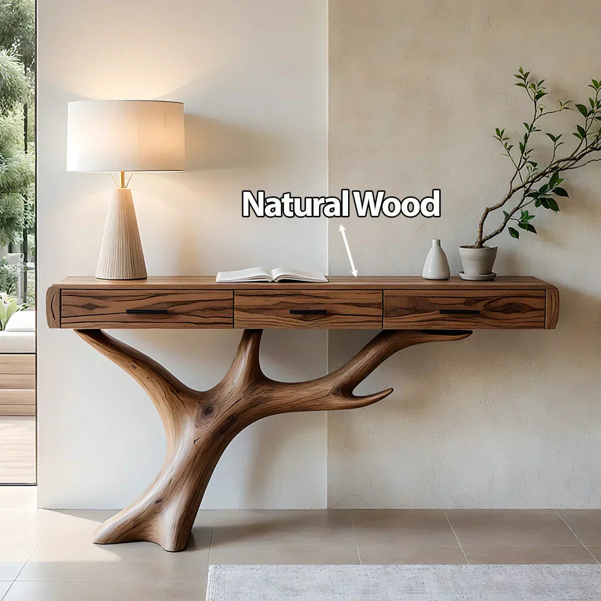 Solid Wood Console Table with Branch-Sculpted Base & Drawers - Rustiracraft 