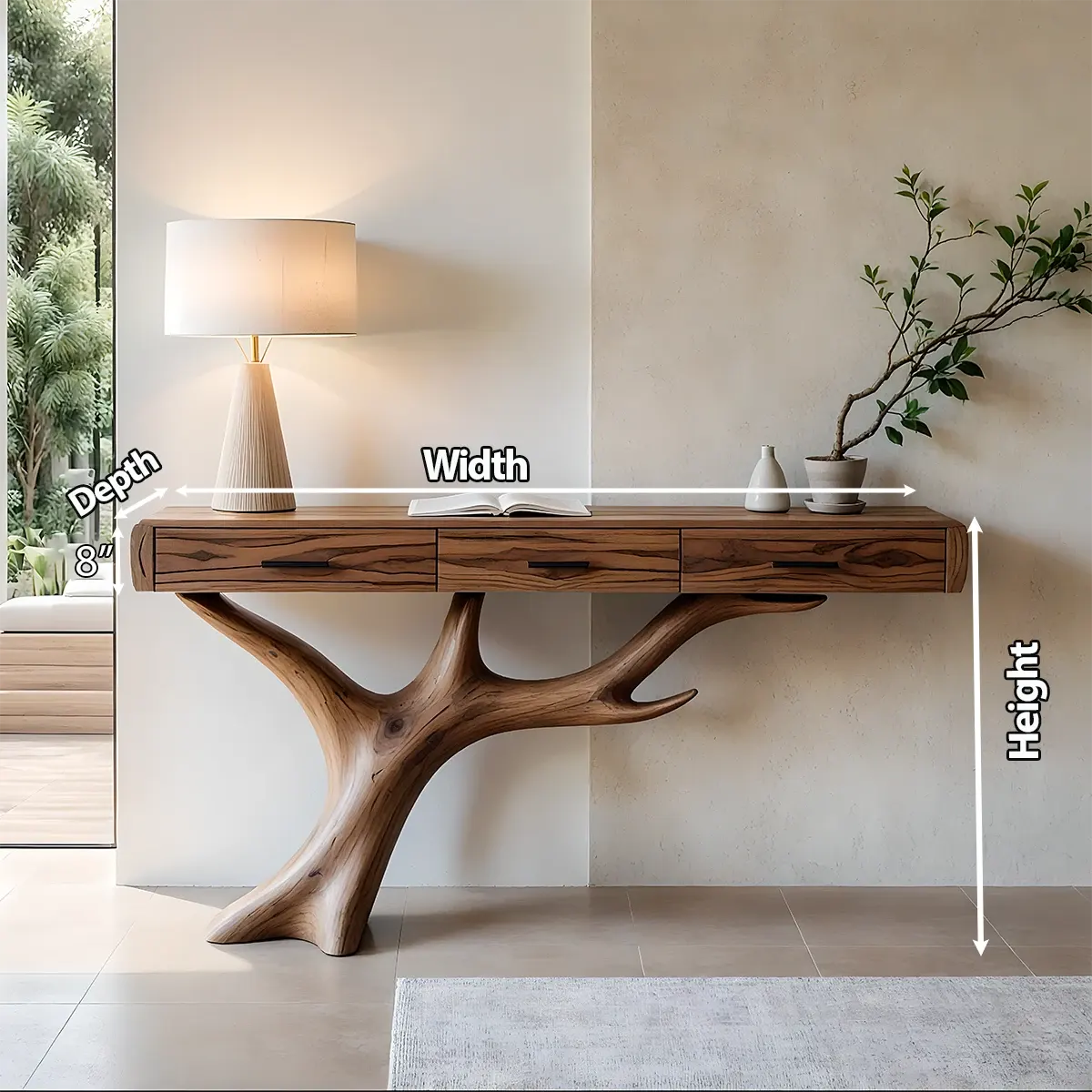 Solid Wood Console Table with Branch-Sculpted Base & Drawers - Rustiracraft 