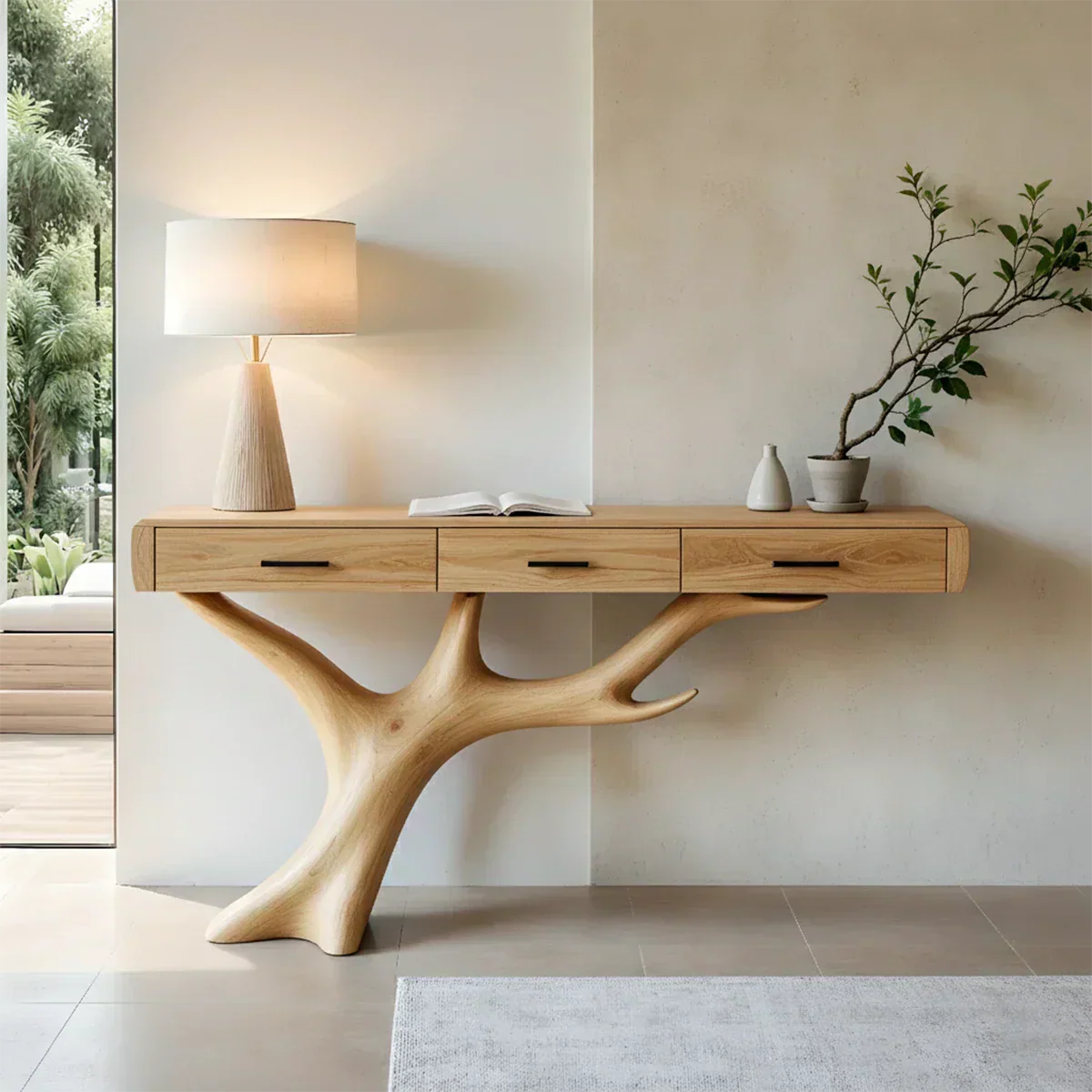 Solid Wood Console Table with Branch-Sculpted Base & Drawers - Rustiracraft 