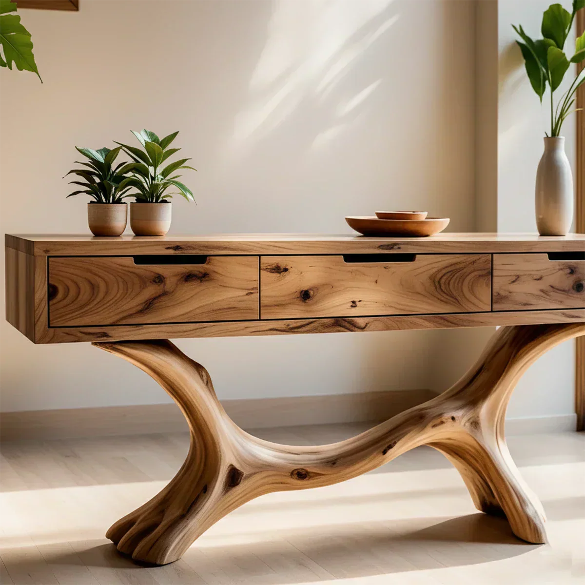 Solid Wood Console Table with Branch-Sculpted Base & Three Drawers - Rustiracraft 