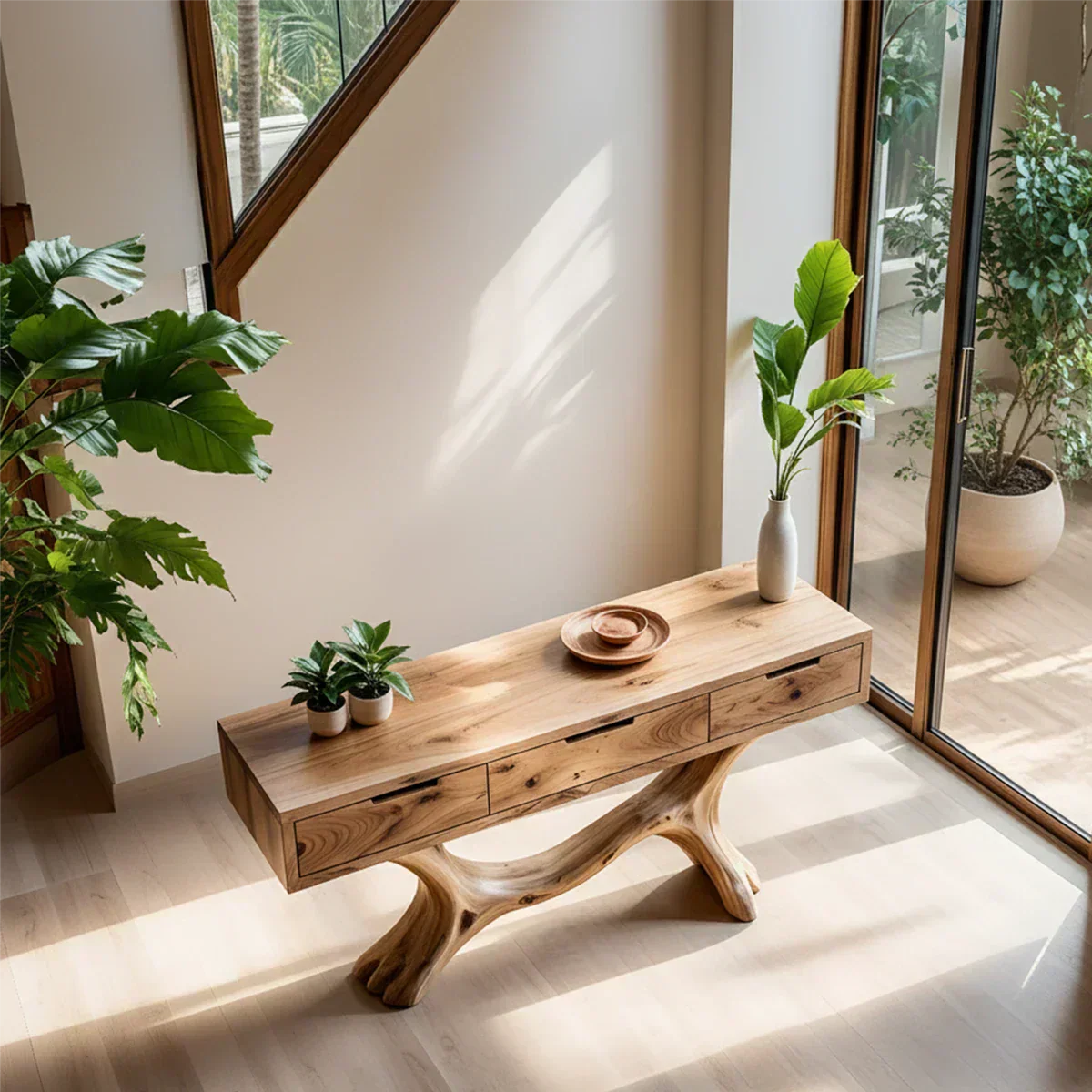 Solid Wood Console Table with Branch-Sculpted Base & Three Drawers - Rustiracraft 