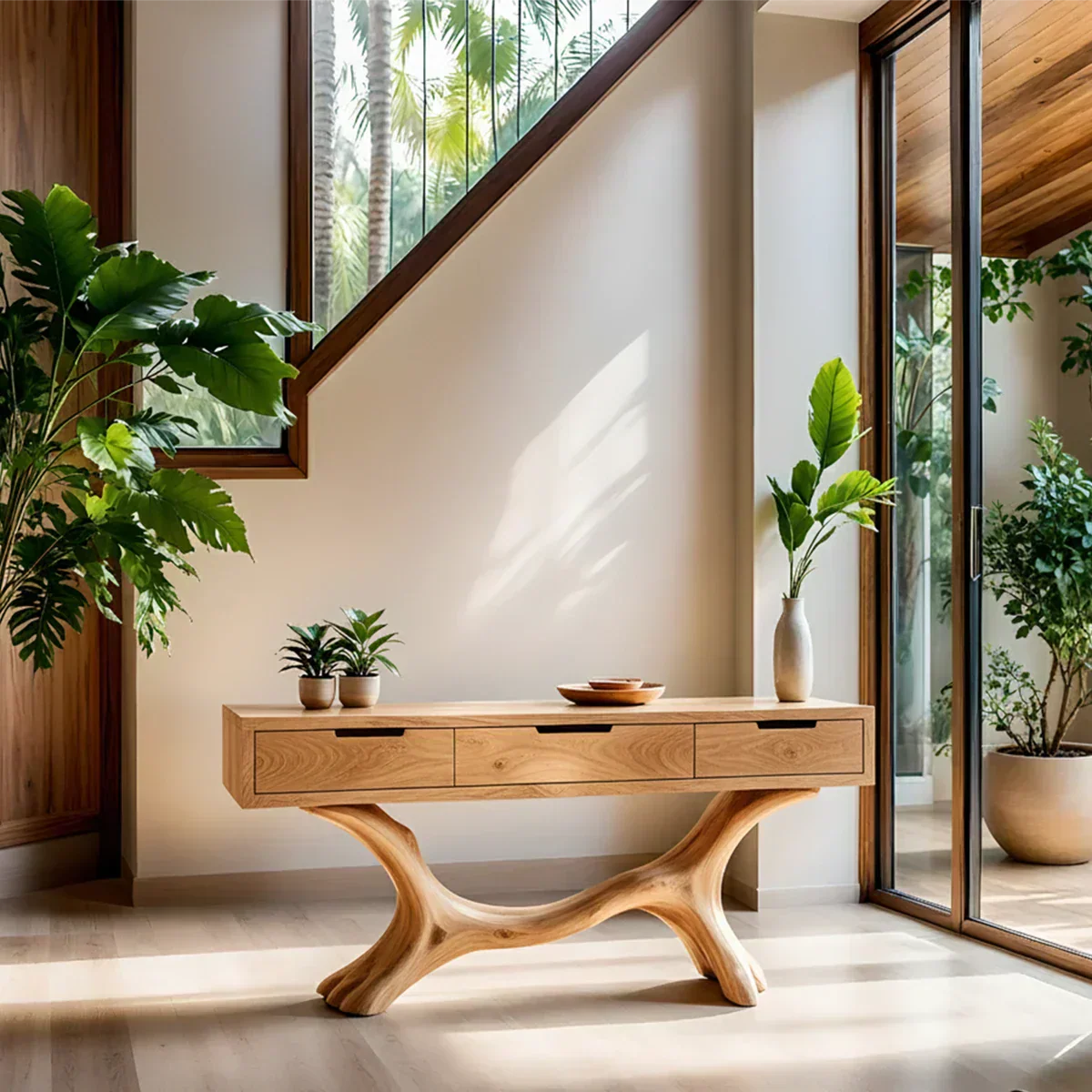 Solid Wood Console Table with Branch-Sculpted Base & Three Drawers - Rustiracraft 