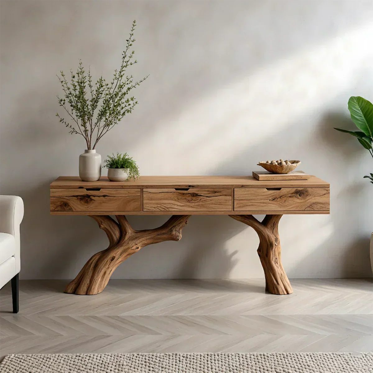 Solid Wood Console Table with Branch-Style Base & Hidden Pull Drawers - Rustiracraft 