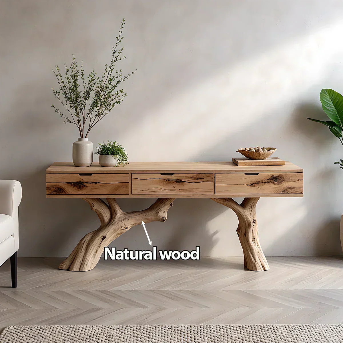 Solid Wood Console Table with Branch-Style Base & Hidden Pull Drawers - Rustiracraft 