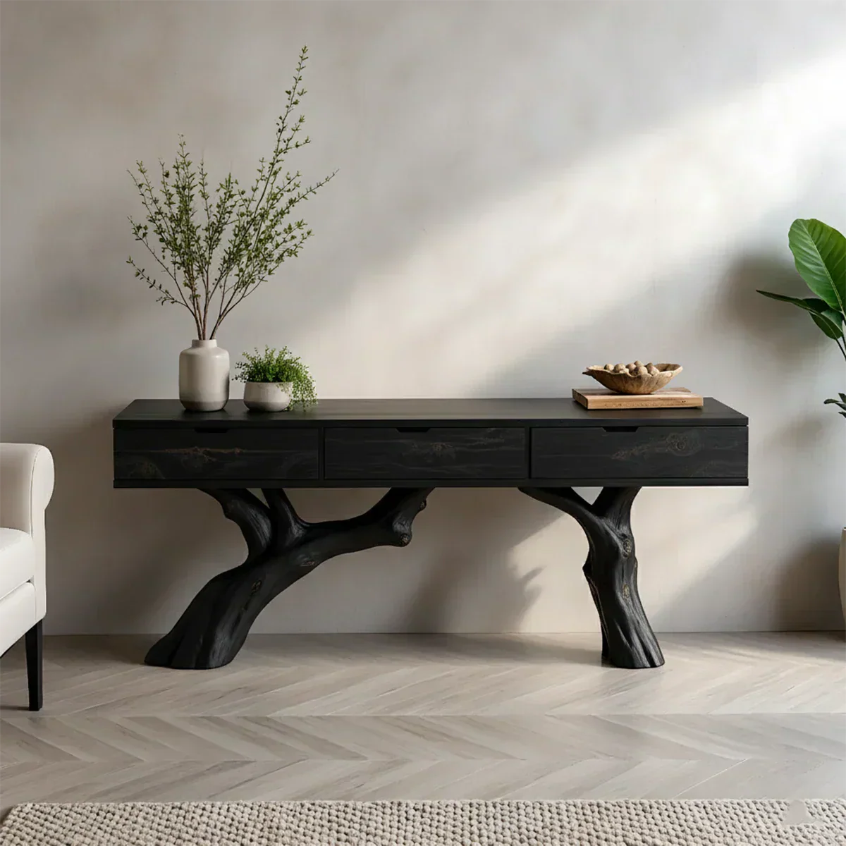 Solid Wood Console Table with Branch-Style Base & Hidden Pull Drawers - Rustiracraft 